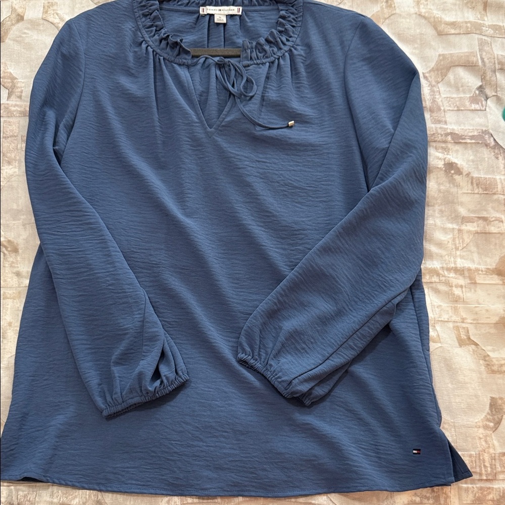 Tommy Hilfiger Navy Blouse with Ruffled Neckline